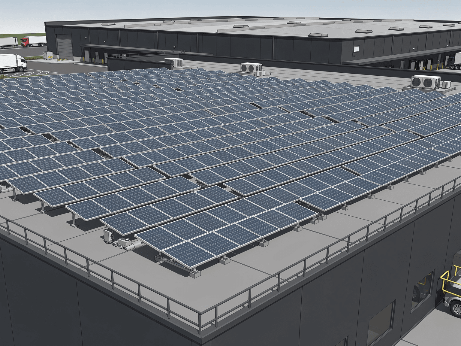 Commercial rooftop solar array on a warehouse or industrial building