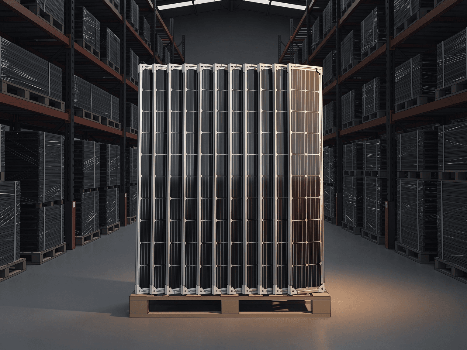 A row of commercial solar modules on warehouse racking with visible frame and cell texture