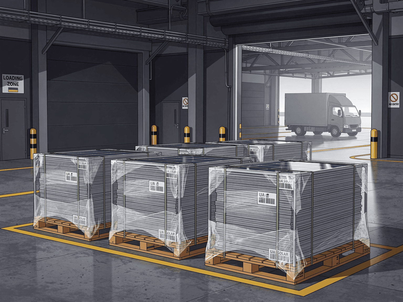 Warehouse logistics scene with palletized solar modules in a loading zone